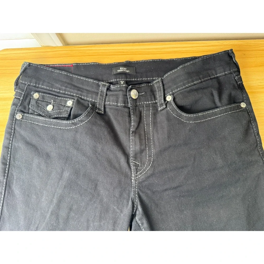 Y2K True Religion Ricky Relaxed Straight Black Grey Stitch Flap Jeans Sz 36